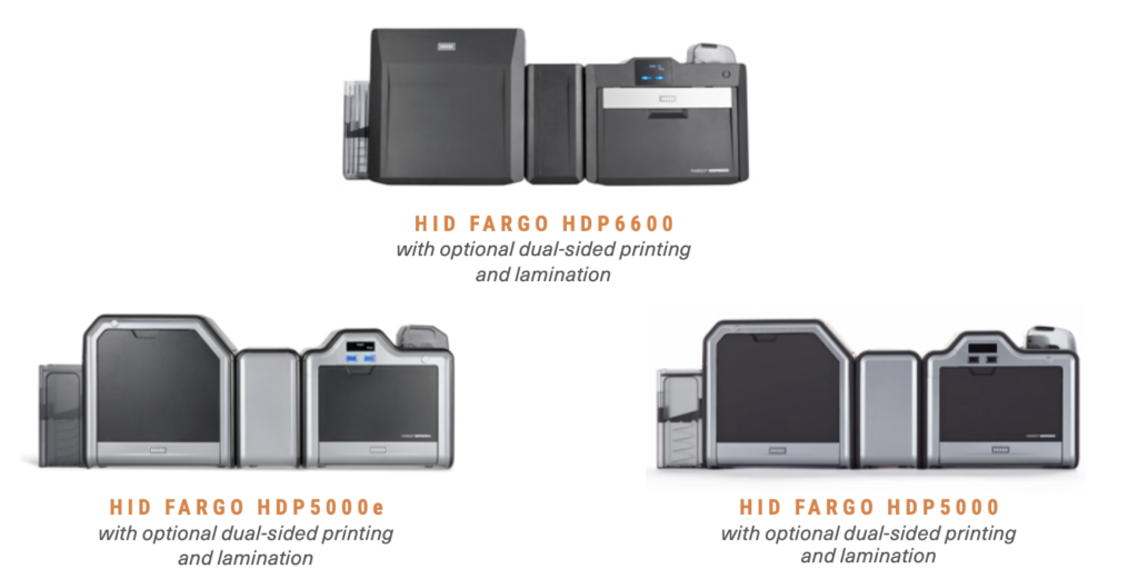 The FARGO HDP5000, HDP6600, and HDP5000e card printers displayed side by side, showcasing their design similarities and differences.