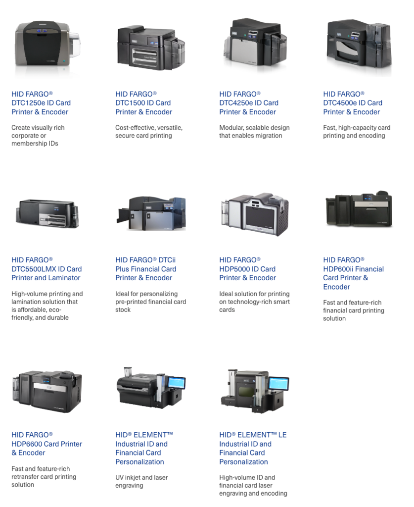 The full range of FARGO card printers displayed, including various models used for secure ID card printing.